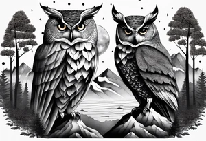 Large owl with trees mountains rocks and water.  Sky with clouds tattoo idea