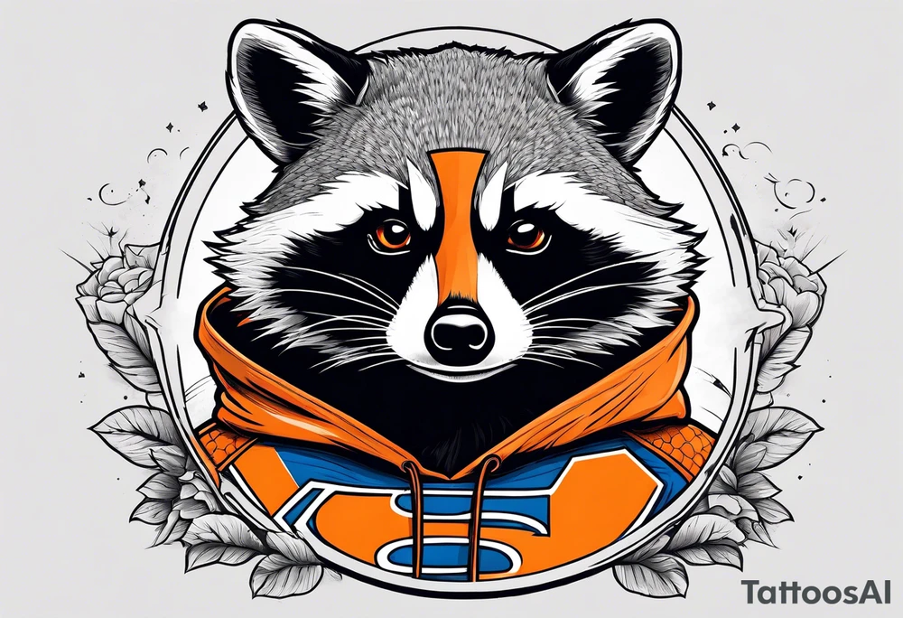 Raccoon wearing an orange Superman hoodie tattoo idea