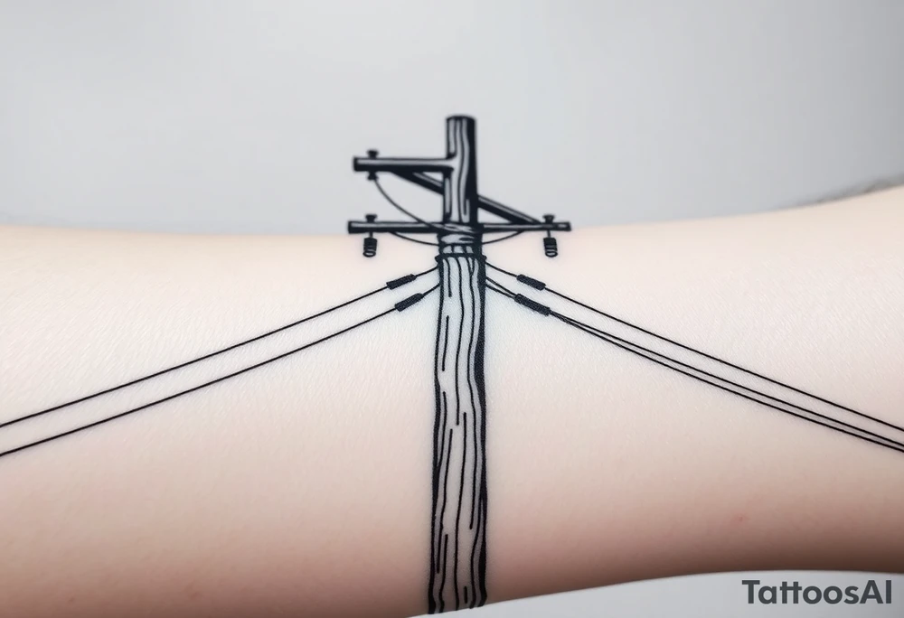 a wooden 12kv distribution pole with electrical lines. Make the pole a cross that has a hidden resemblance to god. tattoo idea