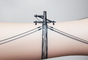 a wooden 12kv distribution pole with electrical lines. Make the pole a cross that has a hidden resemblance to god. tattoo idea