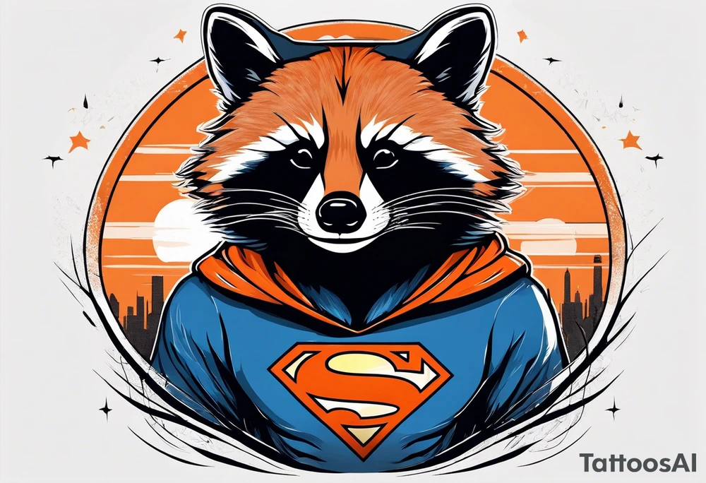 Raccoon wearing an orange Superman hoodie tattoo idea