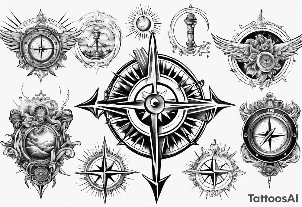 Chest tatoo with sun and letters and compass and angels tattoo idea