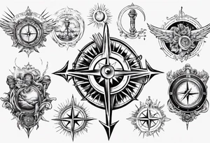 Chest tatoo with sun and letters and compass and angels tattoo idea