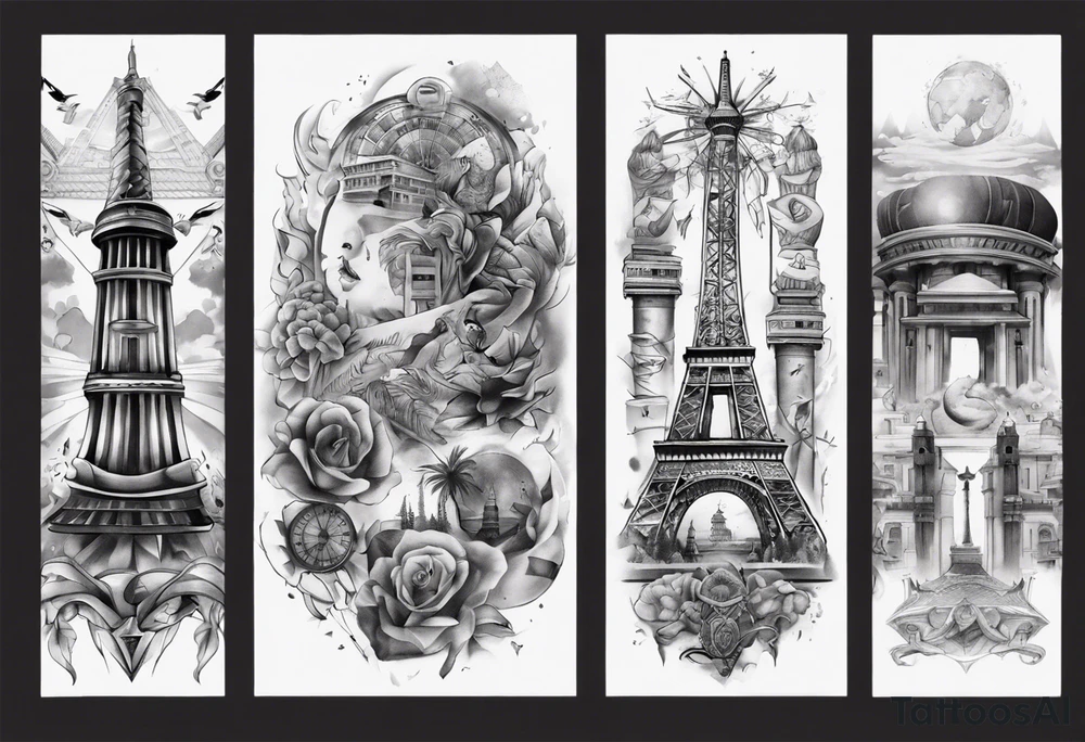 Arm sleeve of the 7 modern wonders of the world tattoo idea
