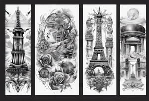 Arm sleeve of the 7 modern wonders of the world tattoo idea