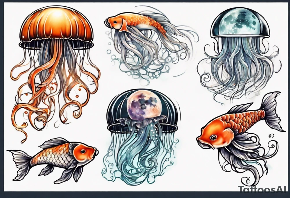 1 jellyfish with the moon in the lid. Then with mini koi carp and jellyfish swimming amongst the tentacles tattoo idea