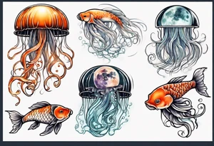1 jellyfish with the moon in the lid. Then with mini koi carp and jellyfish swimming amongst the tentacles tattoo idea