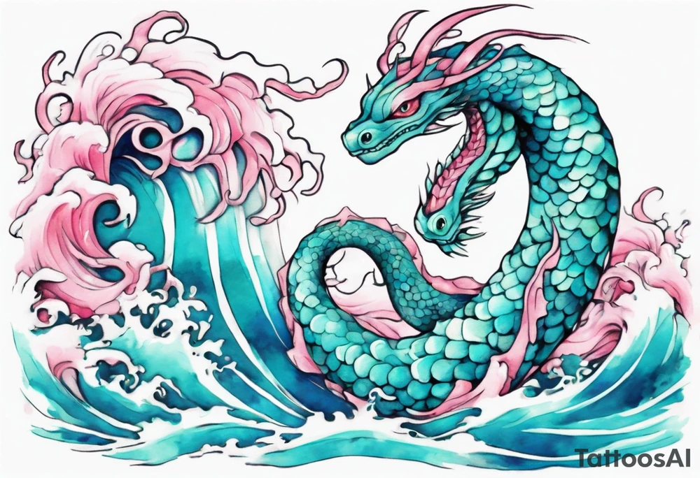 a turquoise and white and pink pretty sea serpent with beautiful eyes rising from the blue waves of the ocean tattoo idea
