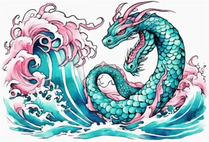 a turquoise and white and pink pretty sea serpent with beautiful eyes rising from the blue waves of the ocean tattoo idea