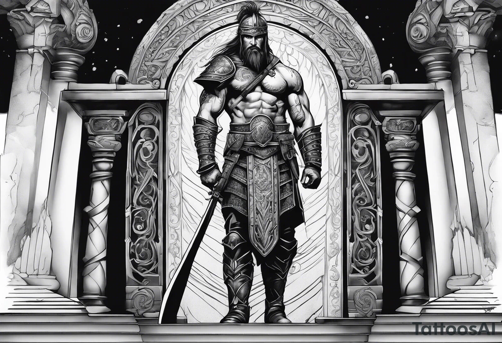 The warrior is standing in front of the staircase that leads to the gate to the valhalla. tattoo idea