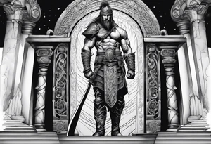 The warrior is standing in front of the staircase that leads to the gate to the valhalla. tattoo idea
