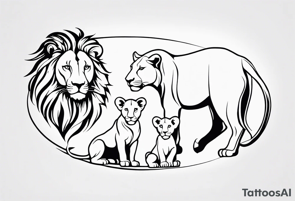 Minimalist black and white tattoo design for the calf featuring a lion, lioness, and lion cub. The lion faces upward towards the sky, looking in the opposite direction of the lioness. The lion cub is positioned below them, looking up. The design has a feminine touch with simple lines and elegant curves, focusing on the emotional connection between the three animals. tattoo idea