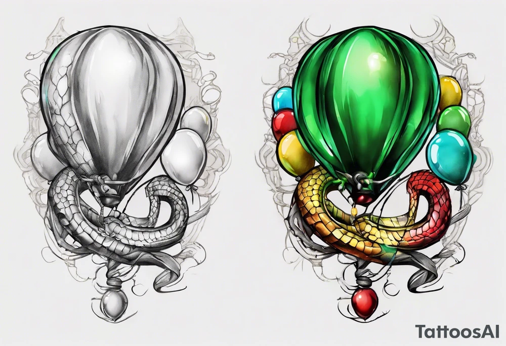python regius with colored ballons aside and a green gem on the other side tattoo idea