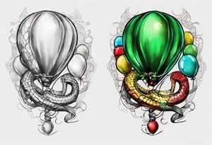 python regius with colored ballons aside and a green gem on the other side tattoo idea