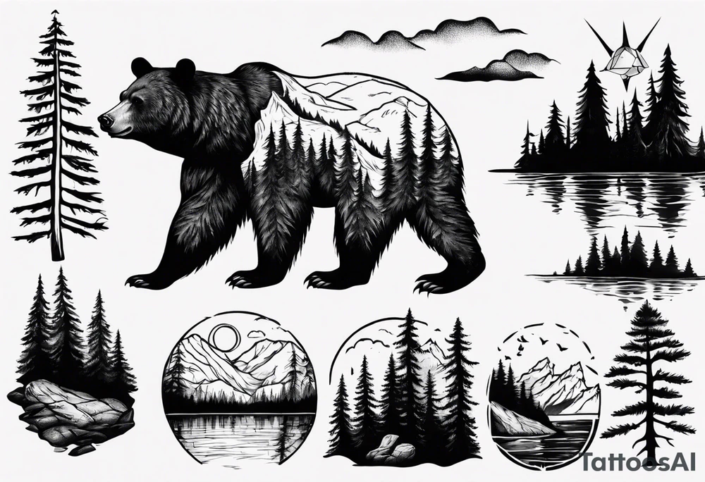 bear, forest, lake, appalachia, arm sleeve tattoo tattoo idea