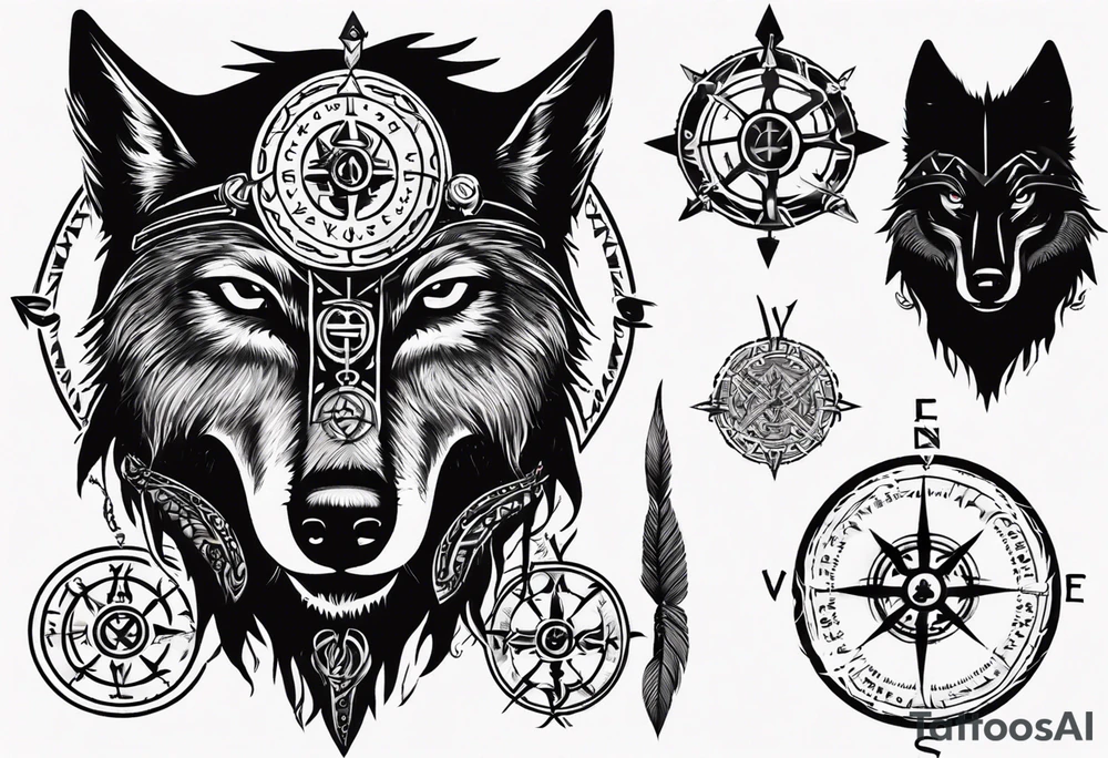Black wolf with Viking Vegvísir compass on its forehead tattoo idea