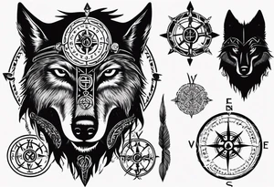 Black wolf with Viking Vegvísir compass on its forehead tattoo idea