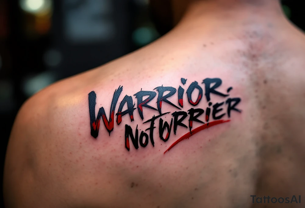 "Warrior, Not Worrier" in bold handwritten style, deep black ink with red underlines that resemble brushstrokes. tattoo idea