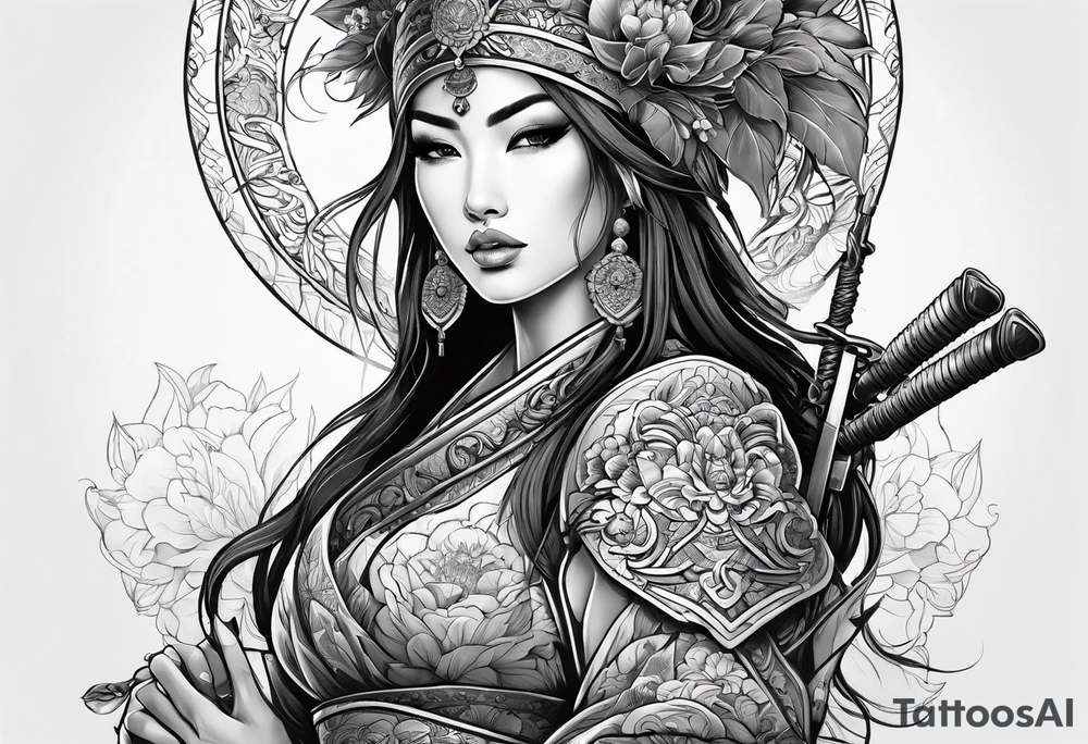 ornate beautiful woman warrior with weapon floral  tattoo tattoo idea
