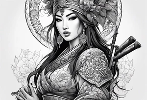 ornate beautiful woman warrior with weapon floral  tattoo tattoo idea
