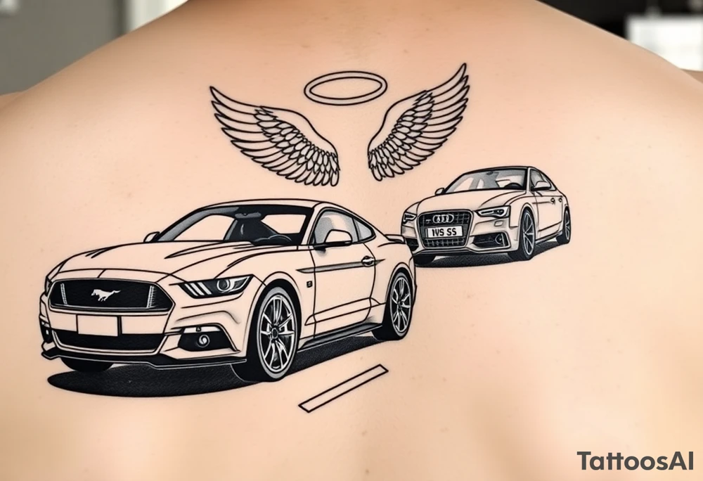 2014 Mustang GT driving down highway with 2015 Audi S5 with Angel wings and halo above 2015 Audi S5 tattoo idea