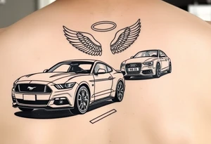 2014 Mustang GT driving down highway with 2015 Audi S5 with Angel wings and halo above 2015 Audi S5 tattoo idea
