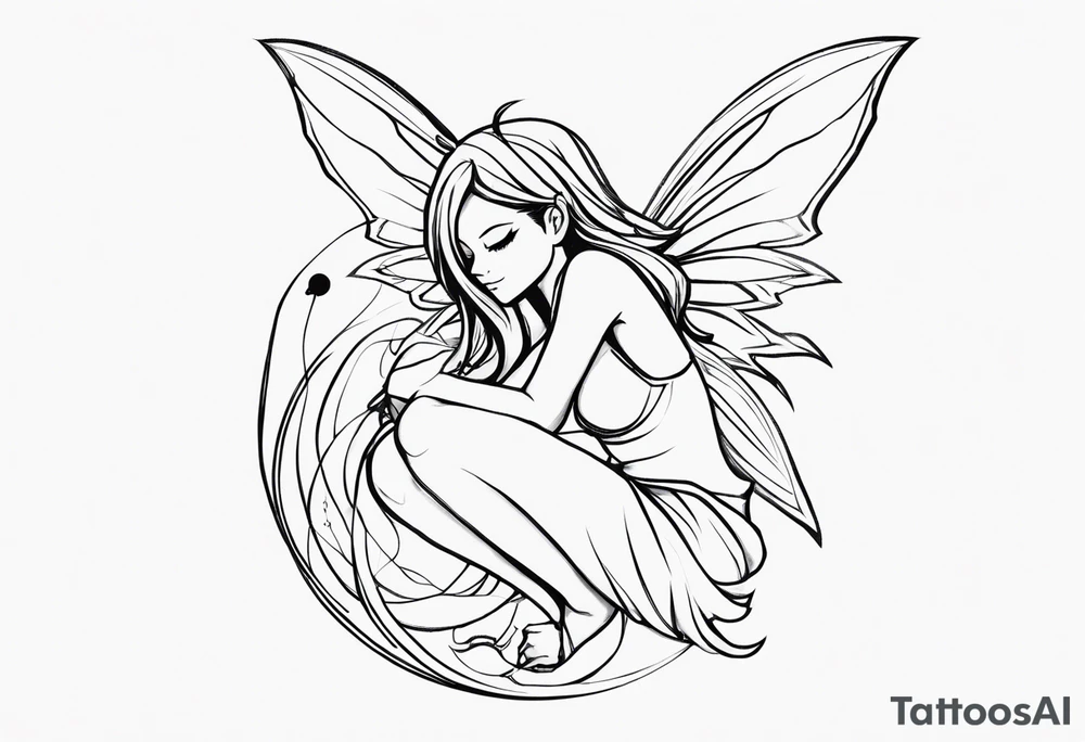 No color sketch of a fairy with a tail inspired by the guild symbol in the anime show called Fairy Tail in a fetal position leaning in and forward while crawled in hugging herself floating with hands a bit forward and her body is an angle tattoo idea
