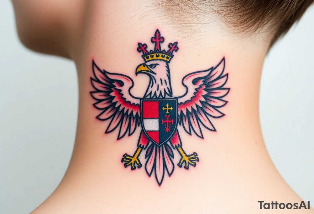 A majestic red and white Moravian eagle with golden crown on its head with a shield, featuring the traditional Moravian coat of arms tattoo idea