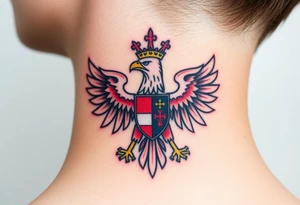 A majestic red and white Moravian eagle with golden crown on its head with a shield, featuring the traditional Moravian coat of arms tattoo idea