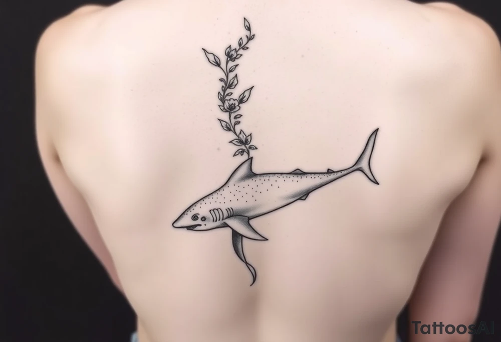 lemon shark and whale shark swimming up the spine tattoo idea