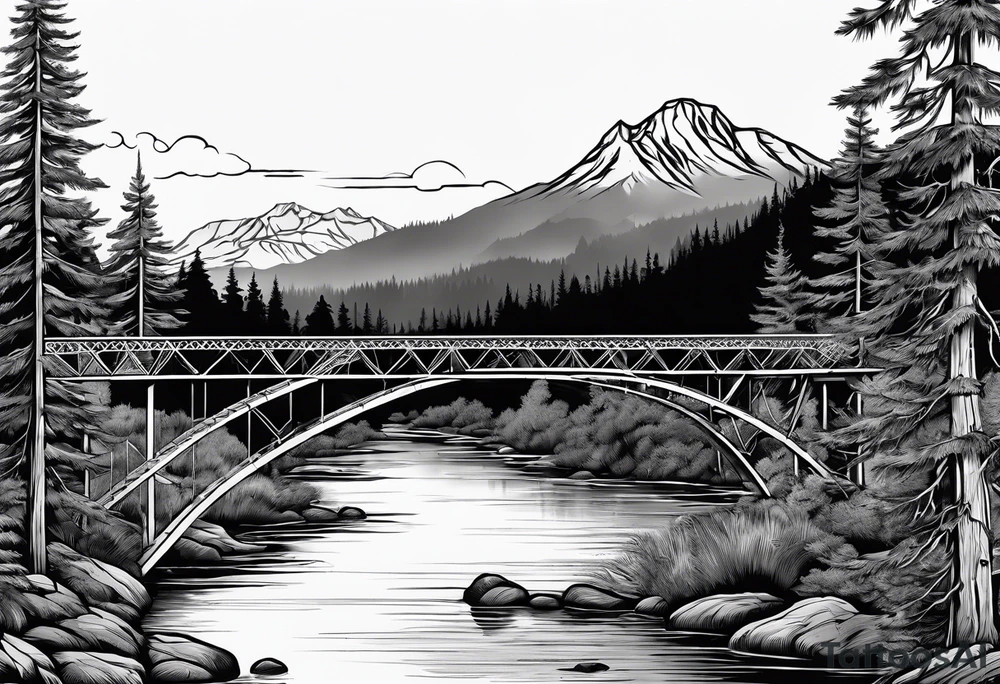 steel truss cantilever bridge over river, mountains, sky, trees, pacific northwest tattoo idea