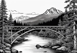 steel truss cantilever bridge over river, mountains, sky, trees, pacific northwest tattoo idea