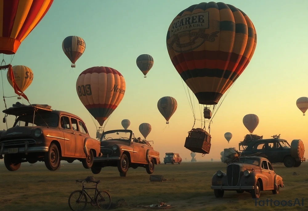 in a very steam punk vibe i want you to make a picture of a bunch of old beat up cars with people lounging in them and garbage and junk all up in and on them, tied to hot air balloons floating in the sky right about dusk and they are as far as the eye can see i want the cars to be floating as if they were the basket to the hot air balloons and the hot air balloons are all different colors and patterns and some are old and patched and i dont want to see the ground at all  i want this to be a scene that is up in the sky with them all floating under the balloons like it is in a dream and every single balloon in the picture is attached to a different old car, and some of the cars you can see people kicked back with thier feet out the window and stuff on the dash of the car, and some with people hanging an arm out hte window some have cigarrette smoke coming out the window, and the balloons all are different but every single car is floating high in the sky and i dont want there to be too many balloons and cars, just a few close together, and the rest ll are smaller and off in the distance 

and it should look like i too am in a car attached to a hot air balloon floating along as well and there should be no ground in sight,... because each one is hiigh in the sky, on a long voyage together i dont want to see the ground from the posistion tattoo idea