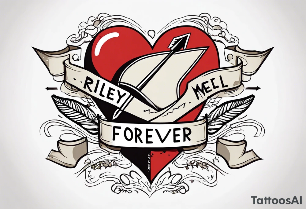heart with arrow with ribbon that says "Riley and Mel forever" tattoo idea