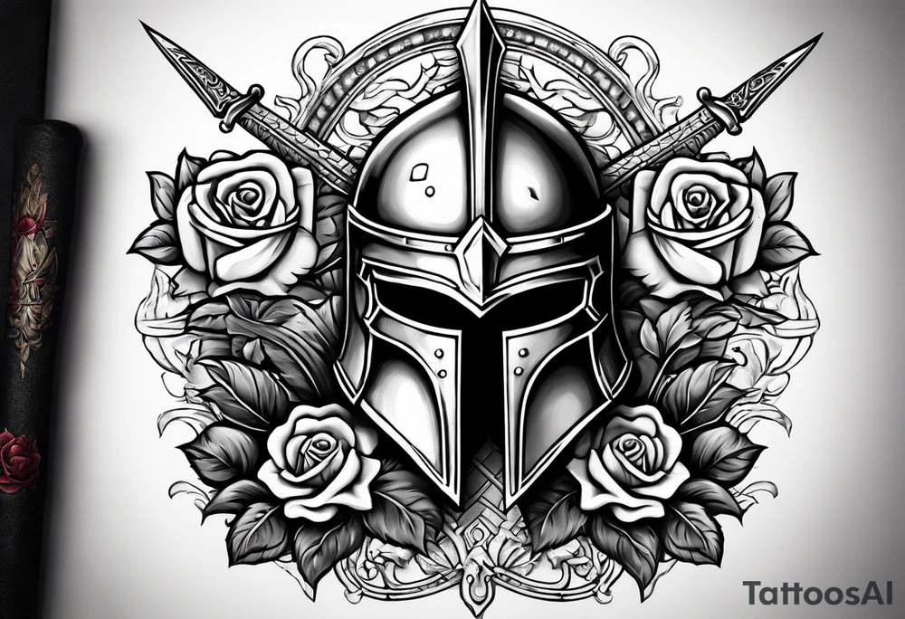 A miniature image of a Spartan helmet and a medieval sword with a rose. tattoo idea