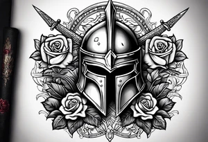 A miniature image of a Spartan helmet and a medieval sword with a rose. tattoo idea