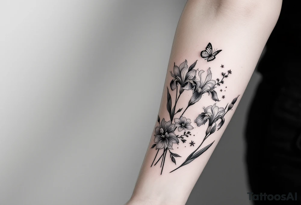tatoo on forearm with Irises flowers, cherry blossom and a little butterfly tattoo idea