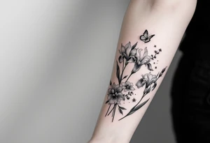 tatoo on forearm with Irises flowers, cherry blossom and a little butterfly tattoo idea