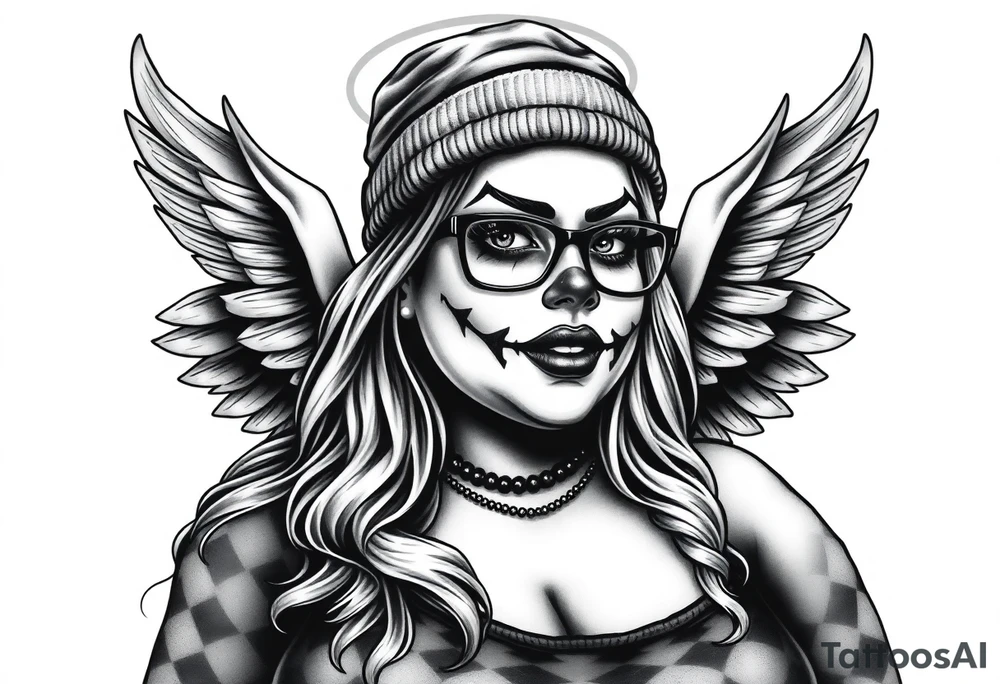 Chicana BBL fat sexy chunky plus size beautiful long hair clown makeup angel wings thug beanie eyeglasses tattoo idea