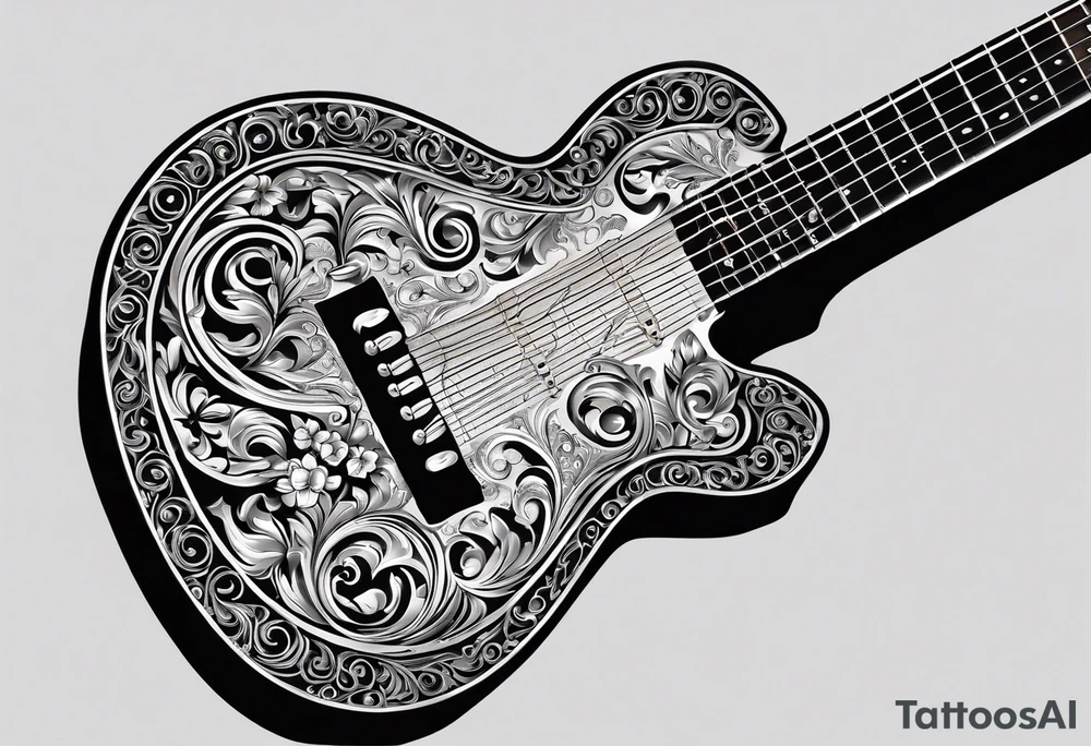 A tattoo featuring an intricate design where the body of a guitar is filled with elaborate swirls and floral patterns. The design is symmetrical with a blend of various curls and loops emanating from the center of the guitar, creating a decorative, ornate appearance. The guitar's neck and headstock are sleek and extend upwards, surrounded by small music notes and stars scattered around it, adding to the musical theme. The entire tattoo has a sense of movement and rhythm, as if the music is flowing from the strings. The tattoo is monochromatic, using shades of black and gray to give depth and contrast. tattoo idea