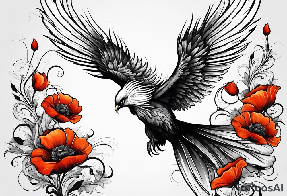 elongated phoenix in flight
in profile long tail with claws holding poppies falling tattoo idea
