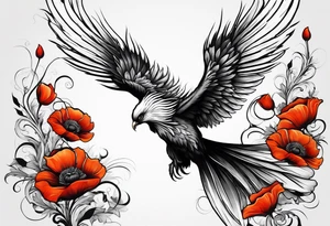 elongated phoenix in flight 
in profile long tail with claws holding poppies falling tattoo idea