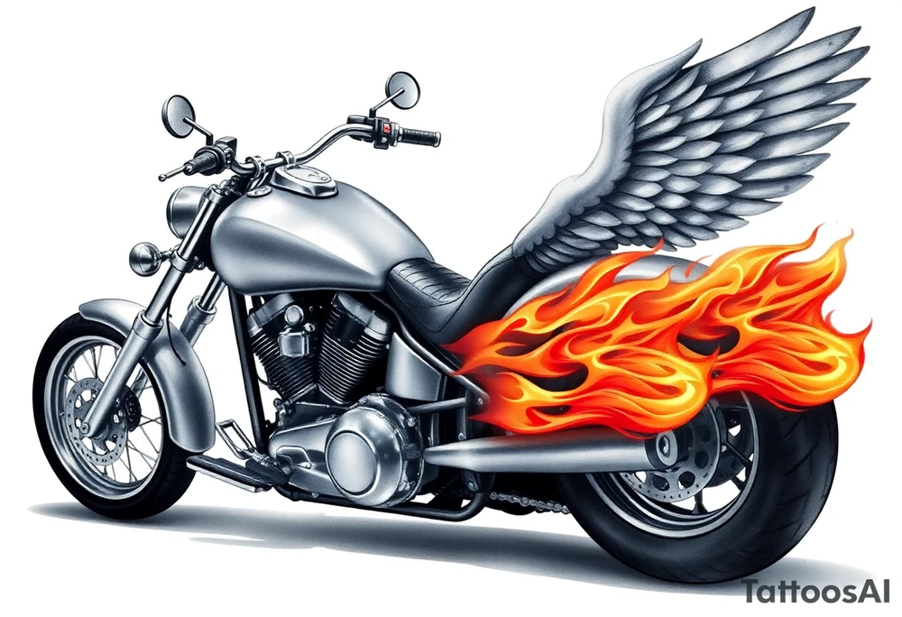 Low rider grey motorcycle, big muffler pipes with flames, angel wings, driving away, no person tattoo idea