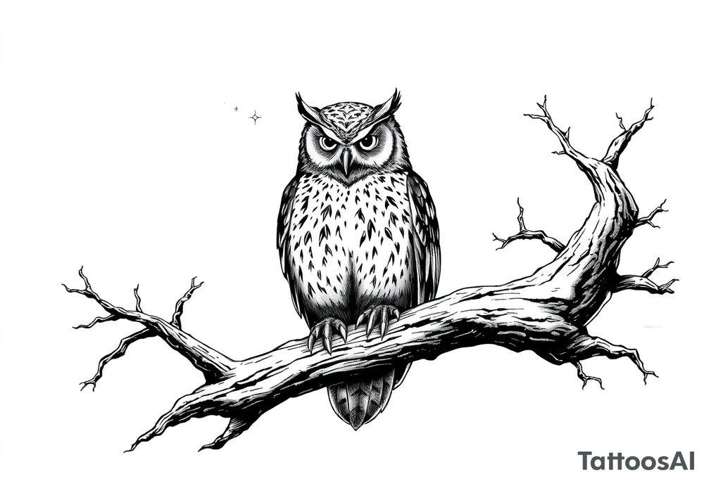 wise owl perched on ancient oak branch under starlit sky tattoo idea