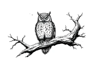 wise owl perched on ancient oak branch under starlit sky tattoo idea