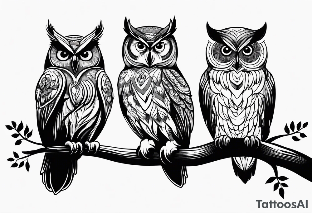 Three owl silhouettes with branch tattoo idea