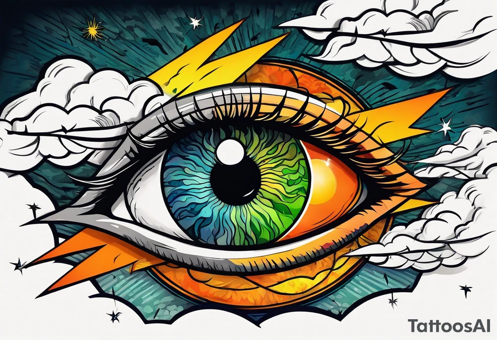 simple eyeball with a blue/green iris on top of dark stormy clouds with orange/yellow lightning coming from the clouds tattoo idea