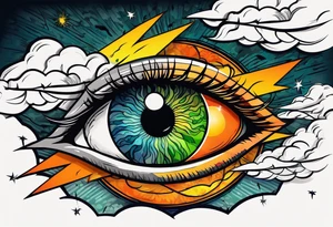 simple eyeball with a blue/green iris on top of dark stormy clouds with orange/yellow lightning coming from the clouds tattoo idea