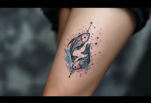 A black-ink Pisces glyph anchors this design, with the Pisces star constellation fading into a soft sky-blue mist. tattoo idea