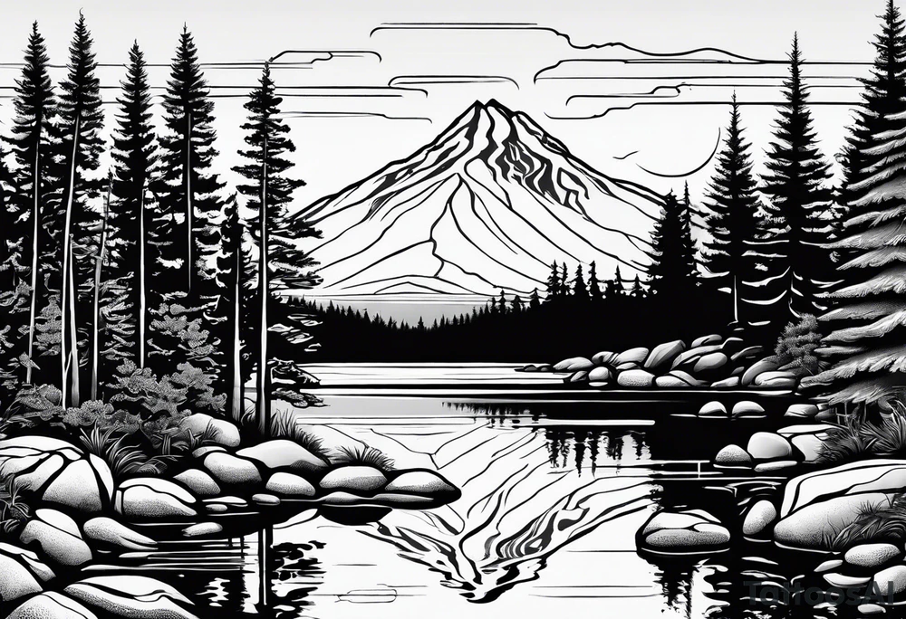 pebble beach on a lakefront with a lake surrounded by tall trees and a mountain backdrop. Has reflections across the lakewater tattoo idea